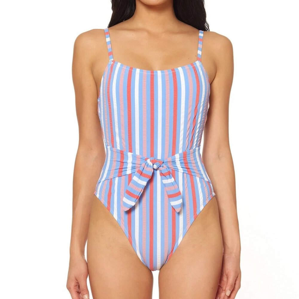 Jessica Simpson Eyeshadow Stripe Tie Waist One Piece Swimsuit